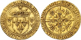CHARLES VIII (1483-1498) Ecu d'or au soleil de Bretagne (3,38 g) Rennes (R).
A/ KAROLVS DEI GRA FRANCORVM REX.R. Ecu de France couronné sous un solei...