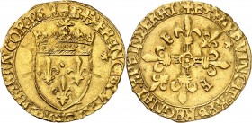 FRANCOIS Ier (1494-1547). Ecu d'or au soleil, 4ème Type (3,37 g) 3ème émission.
Bayonne (Ancre et étoile sous la 4ème lettre).
A/ FRANCISCVS D G FRA...