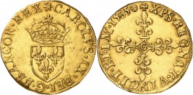 CHARLES IX (1560-1574) Ecu d'or au soleil (3,36 g) 1565 Poitiers (G).
A/ CAROLVS.IX.DEI.G.FRANCOR.REX (date en chiffres romains). Écu de France couro...