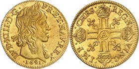 LOUIS XIII (1610-1643) Louis à la mèche longue (6,72 g) 1641 Paris (A).
A/ LVD.XIII.D.G.FR.ET.NAV.REX (date). Sa tête laurée à droite.
R/ CHRS.REGN....