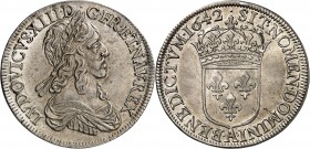 LOUIS XIII (1610-1643) Demi écu 2ème poinçon de Warin (13,70 g) 1642 Paris (A).
A/ LVDOVICVS.XIII.D.G.FR.ET.NAV.REX. Son buste lauré et drapé à droit...