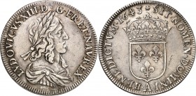 LOUIS XIII (1610-1643) Demi écu 2ème poinçon de Warin (13,60 g) 1643 Paris (A).
A/ LVDOVICVS.XIII.D.G.FR.ET.NAV.REX. Son buste lauré et drapé à droit...