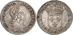 LOUIS XIII (1610-1643) Quart d'écu 2ème poinçon de Warin (6,91 g) 1642 Paris (A).
A/ LVDOVICVS.XIII.D.G.FR.ET.NAV.REX. Son buste lauré et drapé à dro...
