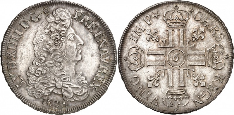 LOUIS XIV (1643-1715) Ecu aux 8 L (1er Type) (27,31 g) 1690 Rennes (9).
A/ LVD....