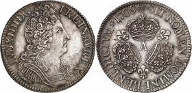LOUIS XIV (1643-1715) Ecu aux trois couronnes (30,47 g) 1709 Paris (A).
A/ LVD.XIIII.D.G.FR.ET.NAV.REX (Différent). Buste du roi à droite, cuirassé à...