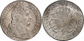 LOUIS XIV (1643-1715) Ecu aux trois couronnes (30,70 g) 1712 Paris (A).
A/ LVD.XIIII.D.G.FR.ET.NAV.REX (Différent). Buste du roi à droite, cuirassé à...