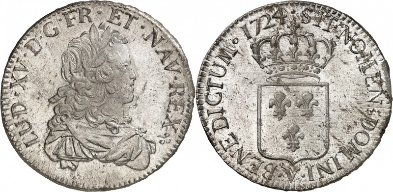 LOUIS XV (1715-1774) Ecu de France (24,51 g) 1724 Troyes (V).
A/ LUD.XV.D.G.FR....