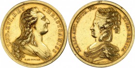 LOUIS XVI et MARIE-ANTOINETTE Médaille en Or (59,05 g) (41 mm). Non datée.
Oeuvre de Benjamin Duvivier (1730-1819).
A/ LUD.XVI.REX - CHRISTIANISS. B...