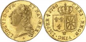 LOUIS XVI (1774-1793) Louis au buste nu (7,66 g) 1786 Lille (W).
A/ LUD.XVI.D.G.FR.ET NAV.REX. (Différent). Tête nue du Roi à gauche.
R/ CHRS.REGN.V...