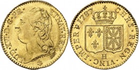 LOUIS XVI (1774-1793) Louis au buste nu (7,68 g) 1787 La Rochelle (H).
A/ LUD.XVI.D.G.FR.ET NAV.REX. (Différent). Tête nue du Roi à gauche.
R/ CHRS....