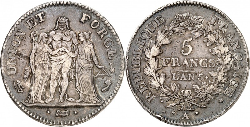 DIRECTOIRE (1795-1799). 5 Francs An 5 A = Paris.
A/ UNION ET FORCE. Hercule ent...