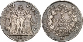 DIRECTOIRE (1795-1799). 5 Francs An 5 A = Paris.
A/ UNION ET FORCE. Hercule entouré de l'Egalité à droite et de la Liberté à sa gauche.
R/ REPUBLIQU...