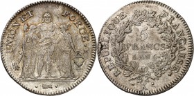 DIRECTOIRE (1795-1799). 5 Francs An 6 K = Bordeaux.
A/ UNION ET FORCE. Hercule entouré de l'Egalité à droite et de la Liberté à sa gauche.
R/ REPUBL...