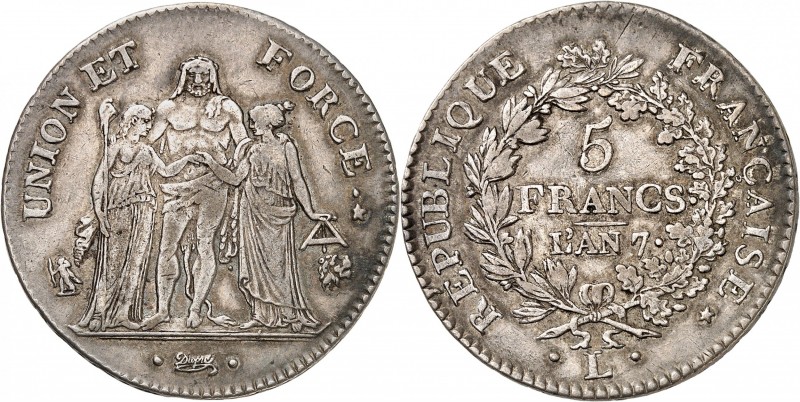 DIRECTOIRE (1795-1799). 5 Francs An 7 L = Bayonne.
A/ UNION ET FORCE. Hercule e...