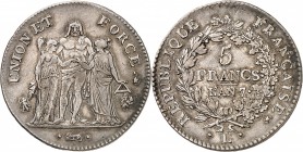 DIRECTOIRE (1795-1799). 5 Francs An 7 L = Bayonne.
A/ UNION ET FORCE. Hercule entouré de l'Egalité à droite et de la Liberté à sa gauche.
R/ REPUBLI...
