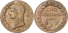 DIRECTOIRE (1795-1799). 5 Centimes "Petit Module" An 4 A = Paris, 5 Centimes "Grand Module" An 5 = Paris, Décime An 4 A = Paris.
A/ Tête de la républ...