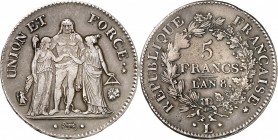 CONSULAT (1799-1804). 5 Francs An 8 L = Bayonne.
A/ UNION ET FORCE. Hercule entouré de l'Egalité à droite et de la Liberté à sa gauche.
R/ RÉPUBLIQU...