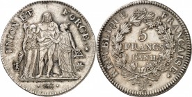 CONSULAT (1799-1804). 5 Francs An 11 MA = Marseille.
A/ UNION ET FORCE. Hercule entouré de l'Egalité à droite et de la Liberté à sa gauche.
R/ RÉPUB...
