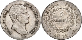 CONSULAT - BONAPARTE 1er CONSUL (1803-1804).
5 Francs An 12 A = Paris.
A/ BONAPARTE PREMIER CONSUL. Tête nue à droite.
R/ RÉPUBLIQUE FRANÇAISE. 5 F...