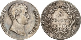 PREMIER EMPIRE (1804-1814) NAPOLEON 1er. 5 Francs (1er Type) An 12 M = Toulouse.
A/ NAPOLEON EMPEREUR. Effigie de l'Empereur tournée à droite.
R/ RE...