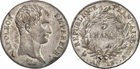 PREMIER EMPIRE (1804-1814) NAPOLEON 1er. 5 Francs (2ème Type) An 13 A = Paris.
A/ NAPOLEON EMPEREUR. Effigie de l'Empereur tournée à droite.
R/ RÉPU...
