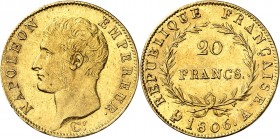 PREMIER EMPIRE (1804-1814) NAPOLEON 1er. 20 Francs " Tête nue " 1806 A = Paris.
A/ NAPOLEON EMPEREUR. Effigie de l'Empereur tournée à droite.
R/ REP...