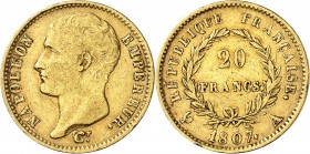 NAPOLEON Ier (1804-1814). 20 Francs " Tête nue " 1807 A = Paris.

A/ NAPOLEON EMPEREUR. Tr (graveur). Sa tête laurée à gauche.
R/ RÉPUBLIQUE FRANÇA...