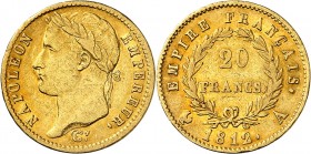 PREMIER EMPIRE-NAPOLEON 1er (1804-1814). 20 Francs " Tête laurée " 1812 A = Paris.
A/ NAPOLEON EMPEREUR. Tr (graveur). Sa tête laurée à gauche.
R/ E...
