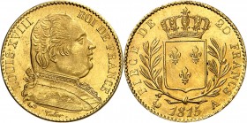 LOUIS XVIII-PREMIERE RESTAURATION (1814-1815).
20 Francs au buste habillé 1815 A = Paris.
A/ LOUIS XVIII ROI DE FRANCE. Buste habillé du Roi à gauch...