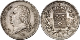 LOUIS XVIII (1815-1824). 5 Francs au buste nu 1817 W = Lille.
A/ LOUIS XVIII ROI DE FRANCE. Sa tête nue à gauche.
R/ Écu de France couronné au centr...