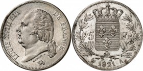 LOUIS XVIII (1815-1824). 5 Francs au buste nu 1821 A = Paris.
A/ LOUIS XVIII ROI DE FRANCE. Sa tête nue à gauche.
R/ Écu de France couronné au centr...