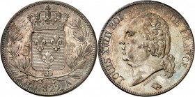 LOUIS XVIII (1815-1824). 5 Francs au buste nu 1822 A = Paris.
A/ LOUIS XVIII ROI DE FRANCE. Sa tête nue à gauche.
R/ Écu de France couronné au centr...