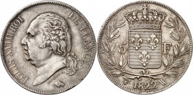 LOUIS XVIII (1815-1824). 5 Francs au buste nu 1822 W = Lille.
A/ LOUIS XVIII ROI DE FRANCE. Sa tête nue à gauche.
R/ Écu de France couronné au centr...