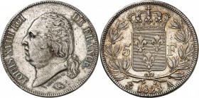 LOUIS XVIII (1815-1824). 5 Francs au buste nu 1823 A = Paris.
A/ LOUIS XVIII ROI DE FRANCE. Sa tête nue à gauche.
R/ Écu de France couronné au centr...