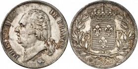 LOUIS XVIII (1815-1824). 5 Francs au buste nu 1823 L = Bayonne.
A/ LOUIS XVIII ROI DE FRANCE. Sa tête nue à gauche.
R/ Écu de France couronné au cen...