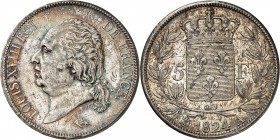 LOUIS XVIII (1815-1824). 5 Francs au buste nu 1824 A = Paris. (9 065 947 ex.).
A/ LOUIS XVIII ROI DE FRANCE. Sa tête nue à gauche.
R/ Écu de France ...