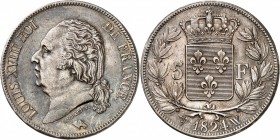 LOUIS XVIII (1815-1824). 5 Francs au buste nu 1824 W = Lille. (9 806 818 ex.).
A/ LOUIS XVIII ROI DE FRANCE. Sa tête nue à gauche.
R/ Écu de France ...