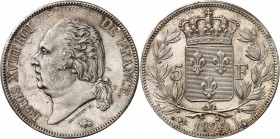 LOUIS XVIII (1815-1824). 5 Francs au buste nu 1824 L = Bayonne (1 068 348 ex.).
A/ LOUIS XVIII ROI DE FRANCE. Sa tête nue à gauche.
R/ Écu de France...