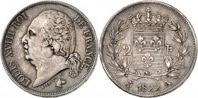 LOUIS XVIII (1815-1824). 2 Francs au buste nu 1822 A = Paris (421 227 ex.).
A/ LOUIS XVIII ROI DE FRANCE. Sa tête nue à gauche.
R/ Écu de France cou...