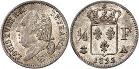 LOUIS XVIII (1815-1824). 1/4 Franc au buste nu 1823 A = Paris (43 642 ex.).
A/ LOUIS XVIII ROI DE FRANCE. Sa tête nue à gauche.
R/ Écu de France cou...