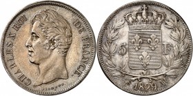CHARLES X (1824-1830). 5 Francs (2ème Type) 1829 MA = Marseille (1 257 996 ex.).
A/ CHARLES X ROI DE FRANCE. Tête nue à gauche du Roi.
R/ Ecusson co...