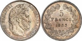 LOUIS-PHILIPPE I (1830-1848). 5 Francs " tête laurée " 1833 A = Paris (8 211 137 ex.).
A/ LOUIS PHILIPPE I ROI DES FRANÇAIS. Tête à droite du Roi.
R...