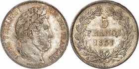 LOUIS-PHILIPPE I (1830-1848). 5 Francs
" tête laurée " 1837 B = Rouen (6 075 304 ex.).
A/ LOUIS PHILIPPE I ROI DES FRANÇAIS. Tête à droite du Roi.
...
