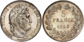 LOUIS-PHILIPPE I (1830-1848). 5 Francs " tête laurée " 1846 A = Paris (5 434 124 ex.).
A/ LOUIS PHILIPPE I ROI DES FRANÇAIS. Tête à droite du Roi.
R...