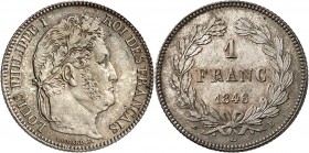 LOUIS-PHILIPPE I (1830-1848). 1 Franc " tête laurée " 1846 B = Rouen (817 559 ex.).
A/ LOUIS PHILIPPE I ROI DES FRANÇAIS. Tête à droite du Roi.
R/ 5...