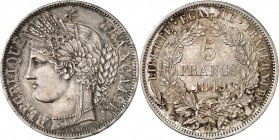 IIème REPUBLIQUE (1848-1852). 5 Francs " Cérès " 1849 A = Paris (7 437 237 ex.).
A/ REPUBLIQUE FRANÇAISE. Cérès à gauche, une étoile au-dessus de sa ...