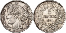 IIème REPUBLIQUE (1848-1852). 5 Francs " Cérès " 1851 A = Paris (13 223 081 ex.).
A/ REPUBLIQUE FRANÇAISE. Cérès à gauche, une étoile au-dessus de sa...