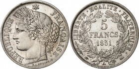 IIème REPUBLIQUE (1848-1852). 5 Francs " Cérès " 1851 A = Paris (13 223 081 ex.).
A/ REPUBLIQUE FRANÇAISE. Cérès à gauche, une étoile au-dessus de sa...