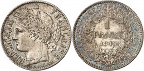 IIème REPUBLIQUE (1848-1852). 1 Franc " Cérès " 1849 A = Paris (1 289 478 ex.).
A/ REPUBLIQUE FRANÇAISE. Cérès à gauche, une étoile au dessus de sa t...
