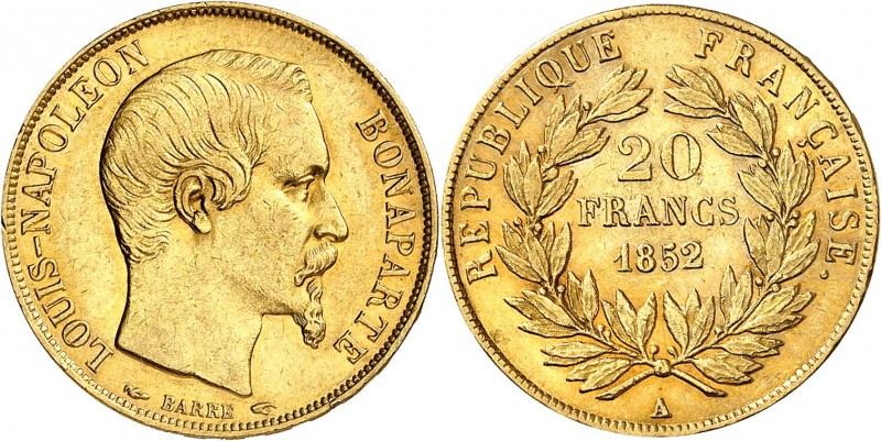 IIème REPUBLIQUE (1848-1852) LOUIS NAPOLEON BONAPARTE.
20 Francs 1852 A = Paris...